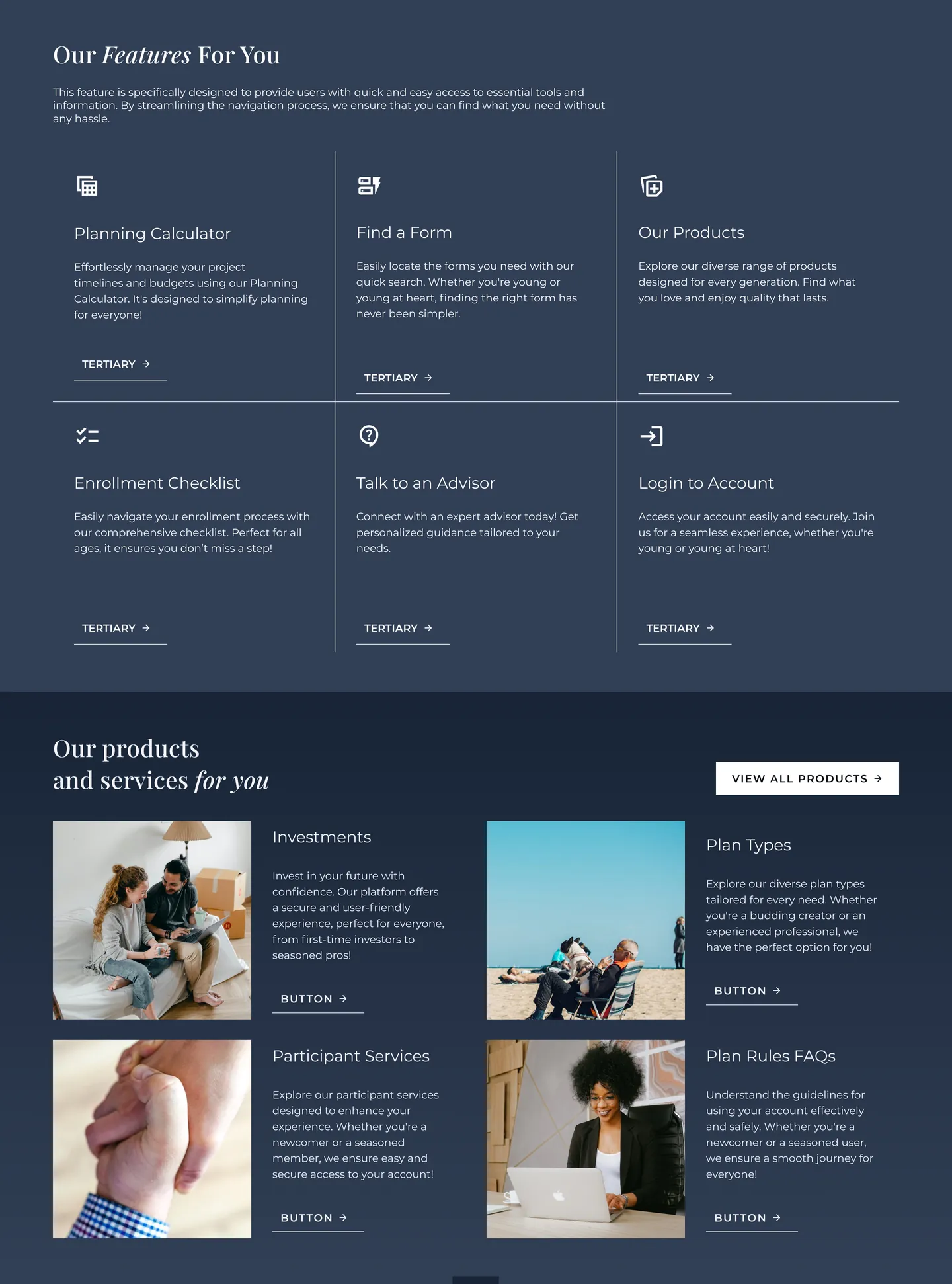 The same homepage sections on deep navy backgrounds with light text
