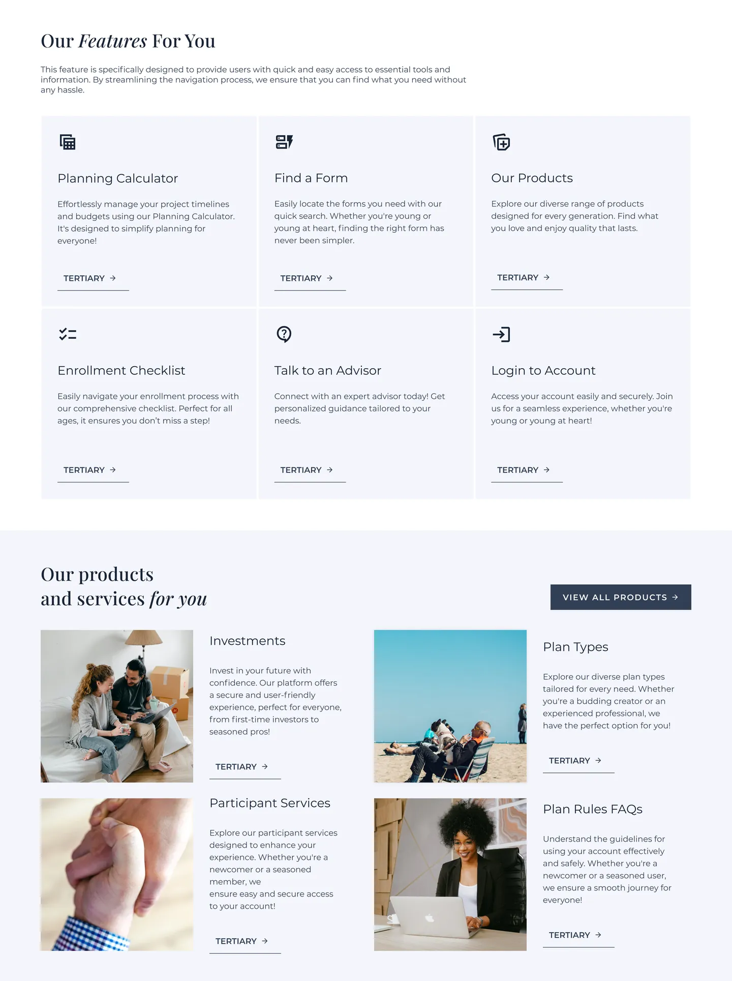 Homepage concept on light backgrounds: a features grid and a products and services section