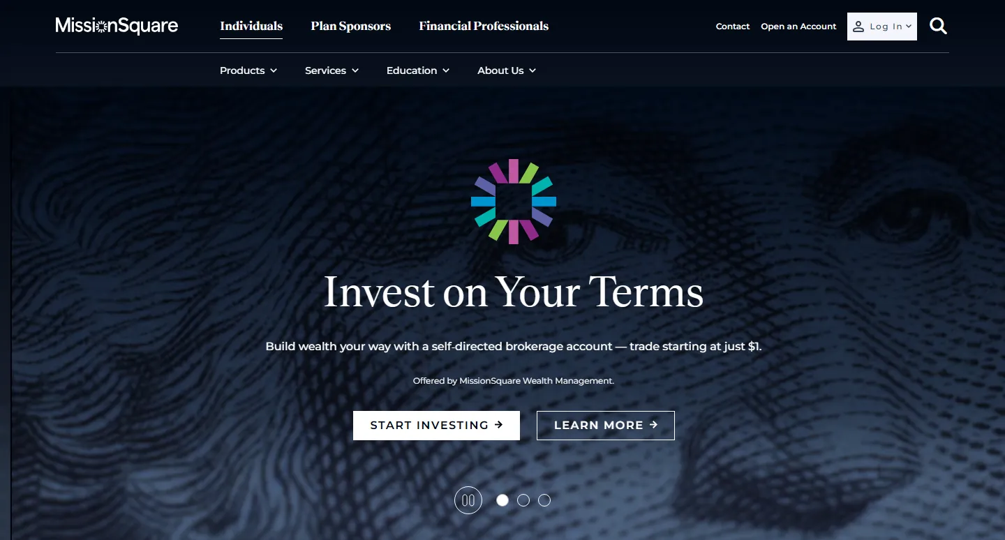MissionSquare homepage hero: the multicolor brand mark above the headline “Invest on Your Terms” on a deep navy background