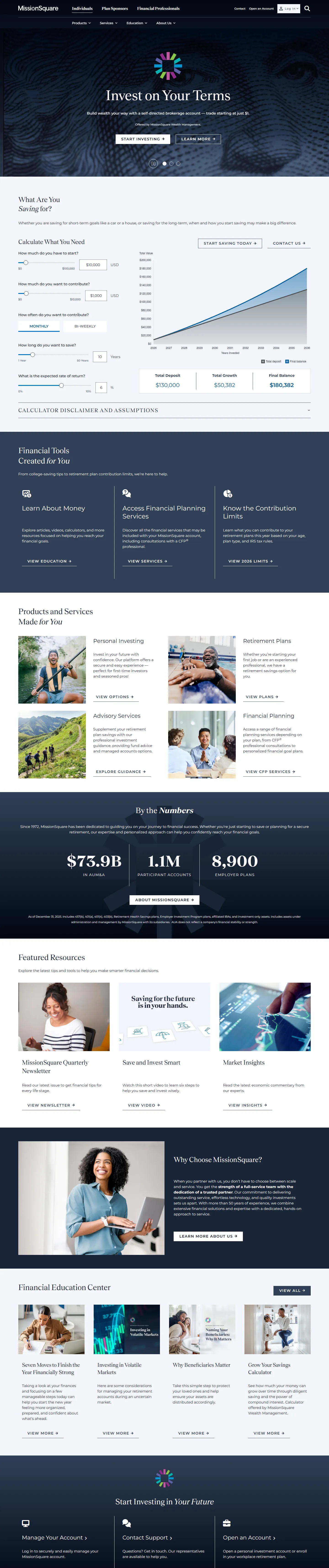 The full MissionSquare homepage from hero to footer: calculator, financial tools, products and services, numbers, featured resources and education center