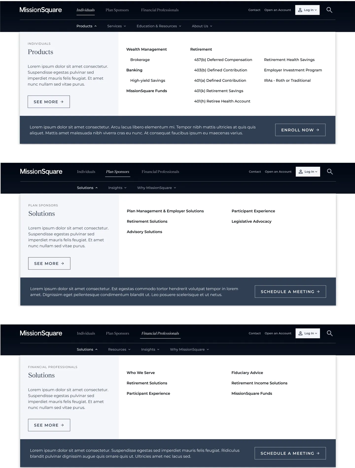Three mega menus stacked: Products for Individuals, Solutions for Plan Sponsors, and Solutions for Financial Professionals, each with its own links and call to action