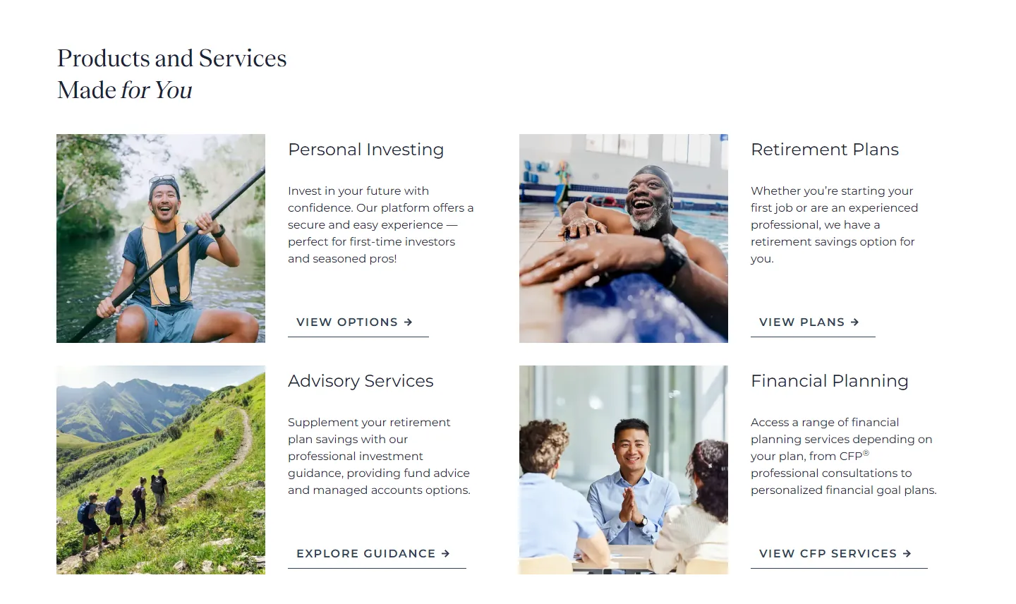 Products and Services section: four cards with photography for personal investing, retirement plans, advisory services and financial planning