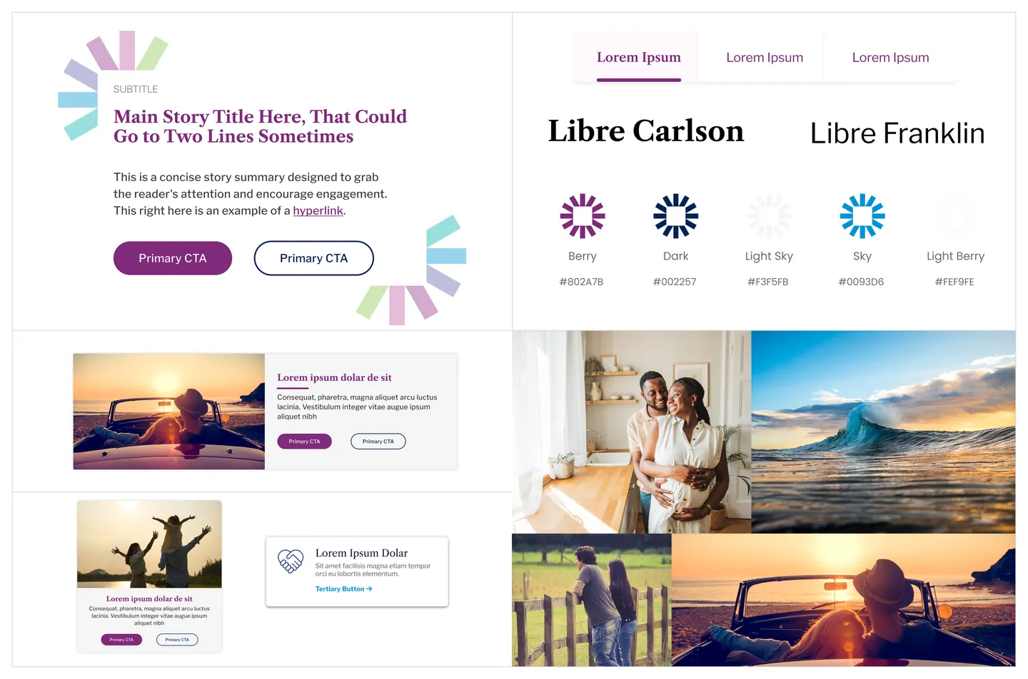 Enhance style tile: Libre Carlson and Libre Franklin with berry buttons and warm photography