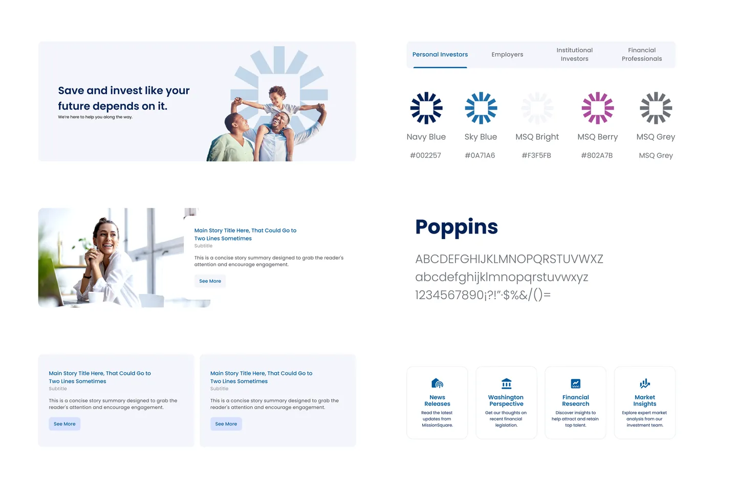 Evolve style tile: Poppins, soft blue cards, audience tabs and color swatches